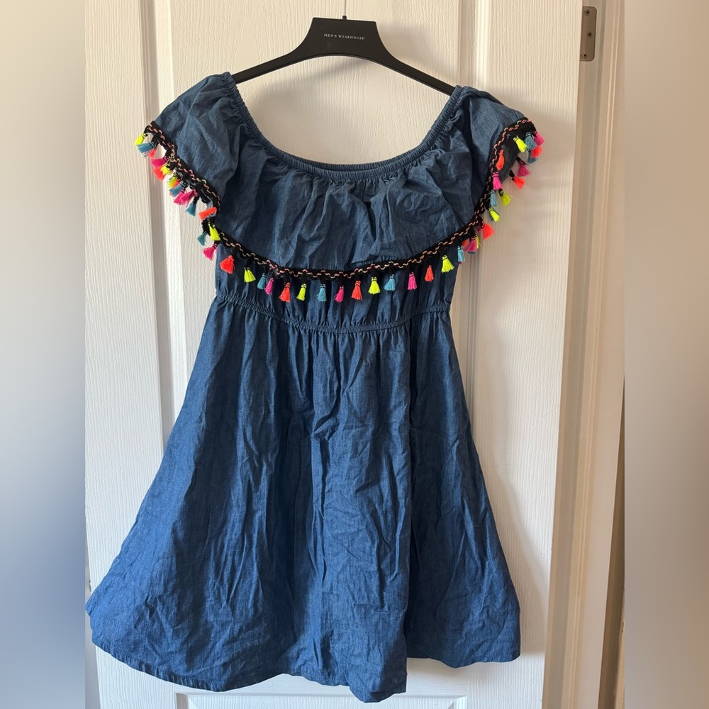 Off-the-shoulder Denim Dress with Neon Coloured Tassels